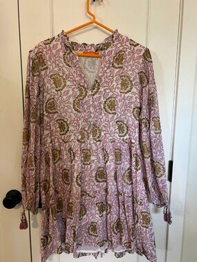 Oliphant Pink Gold Floral Block Print Tiered Mini Dress Tassels Size M